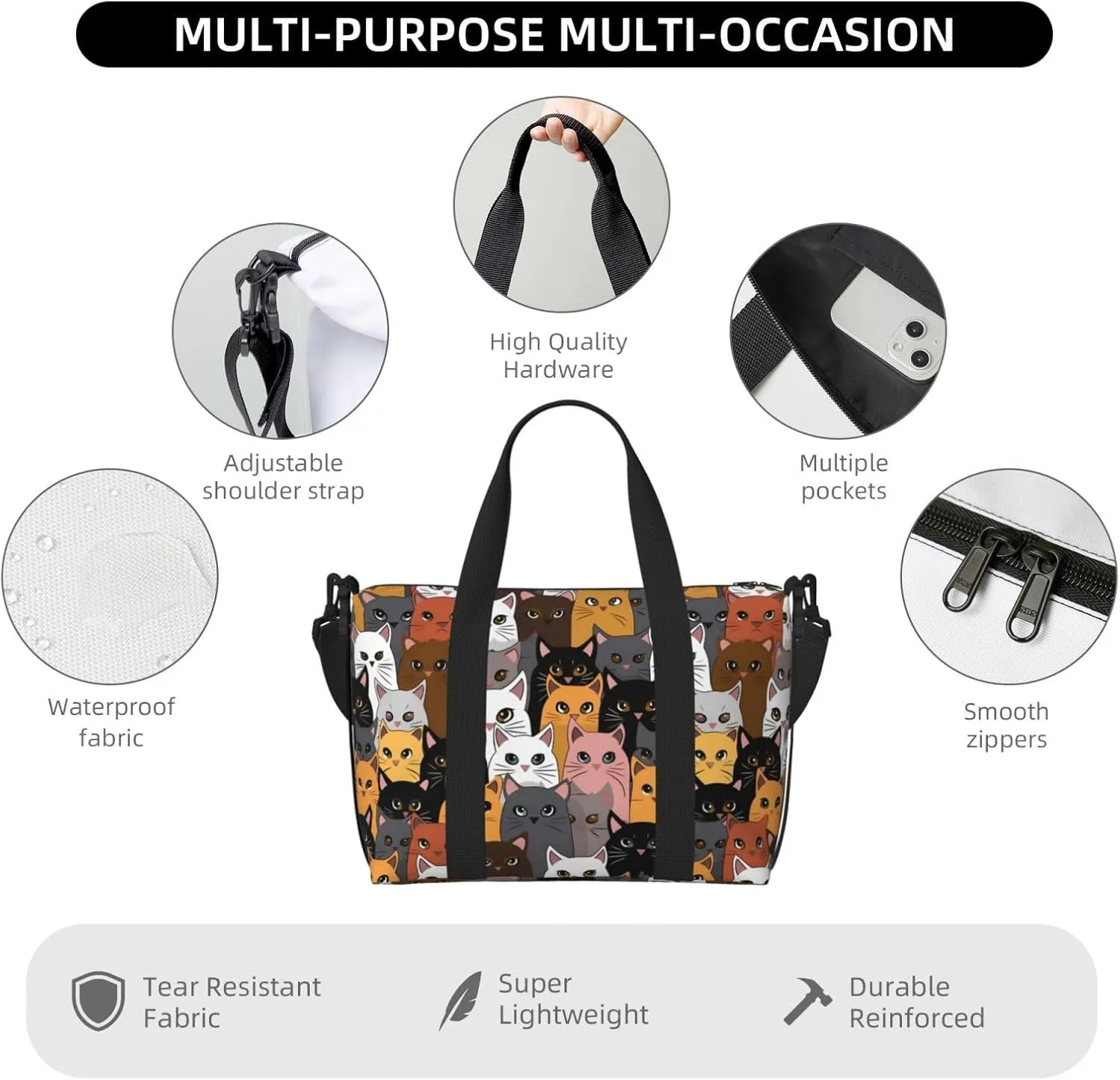 Colorful Cats Travel Duffel Bags for Women Men, Sports Training Gym Bag Dance Bag with Adjustable Shoulder Strap Cartoon Kitten Weekender Overnight Bag