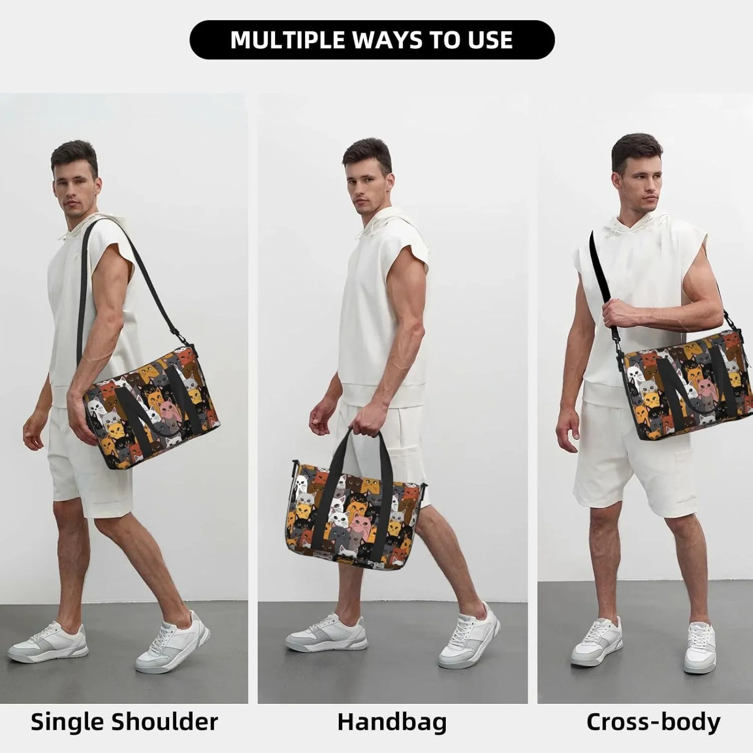 Colorful Cats Travel Duffel Bags for Women Men, Sports Training Gym Bag Dance Bag with Adjustable Shoulder Strap Cartoon Kitten Weekender Overnight Bag