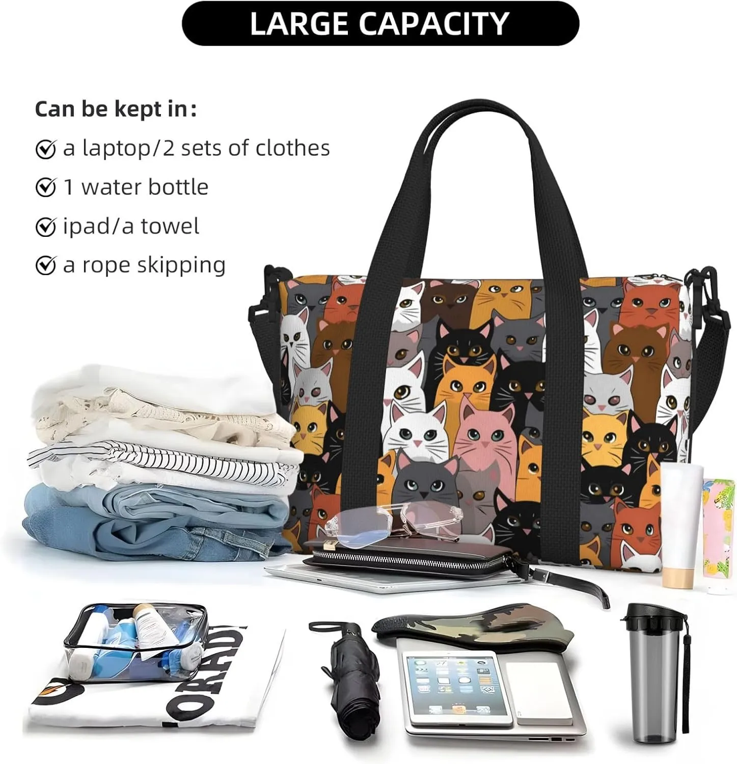 Colorful Cats Travel Duffel Bags for Women Men, Sports Training Gym Bag Dance Bag with Adjustable Shoulder Strap Cartoon Kitten Weekender Overnight Bag