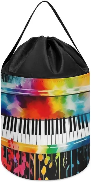 Colorful Piano Keyboard Music Toy Storage Basket Reusable Drawstring Toy Bucket Bags Toy Hamper Round Toys Clothes Storage Basket for Playroom