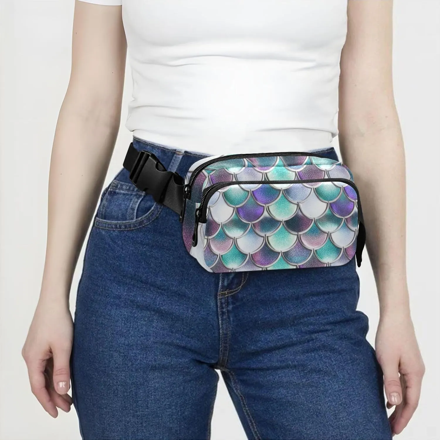 Colorful Scales Shades Turquoise Waterproof Women Fanny Packs Belt Bag Hip Pack Cartoon Crossbody Waist Bag