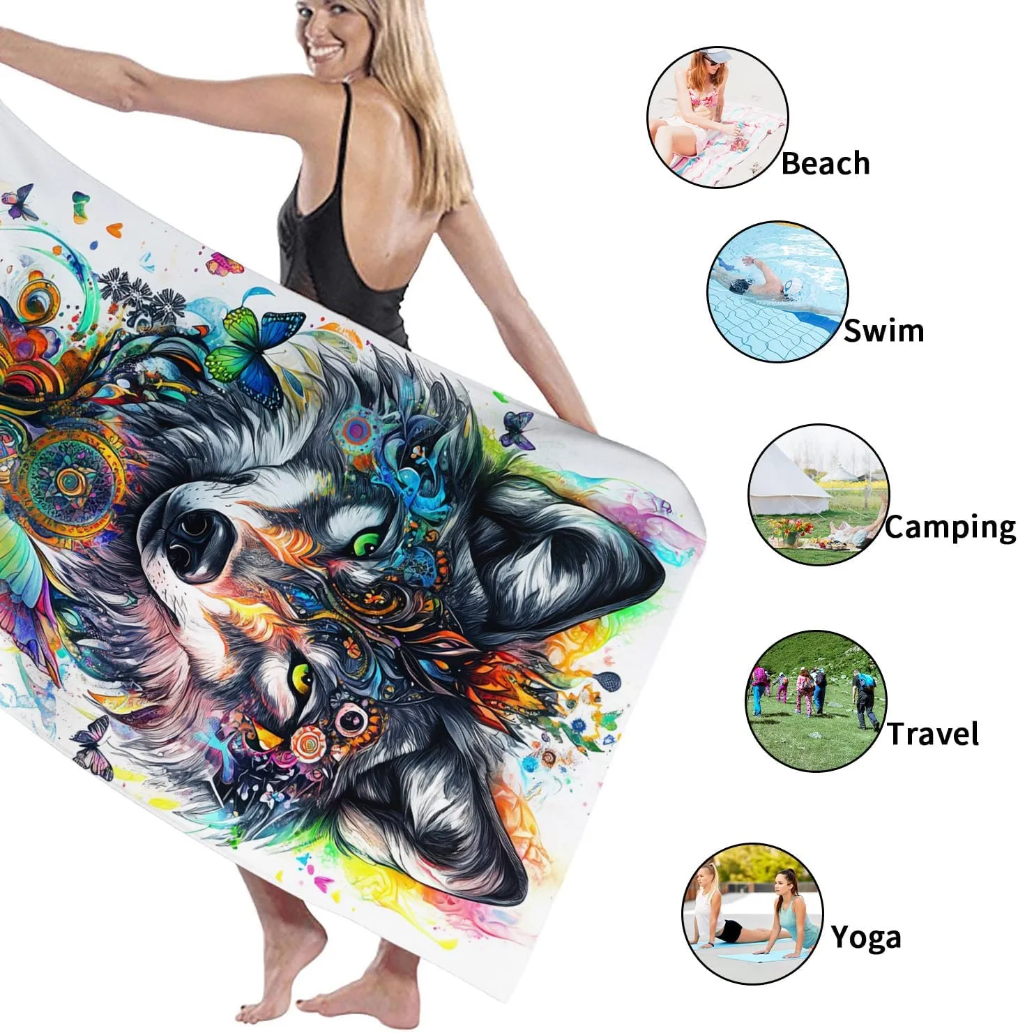 Colorful Wolf Microfiber Beach Towel Extra Large Art Print Bath Towel, Quick Dry Absorbent Sand Free Lightweight Beach Blanket, Vacation Pool Picnic Essentials 62x31 Inch