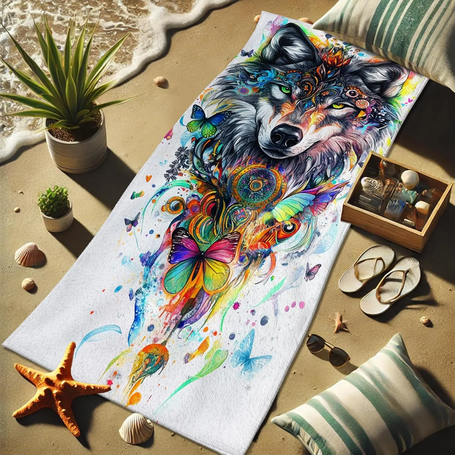 Colorful Wolf Microfiber Beach Towel Extra Large Art Print Bath Towel, Quick Dry Absorbent Sand Free Lightweight Beach Blanket, Vacation Pool Picnic Essentials 62x31 Inch