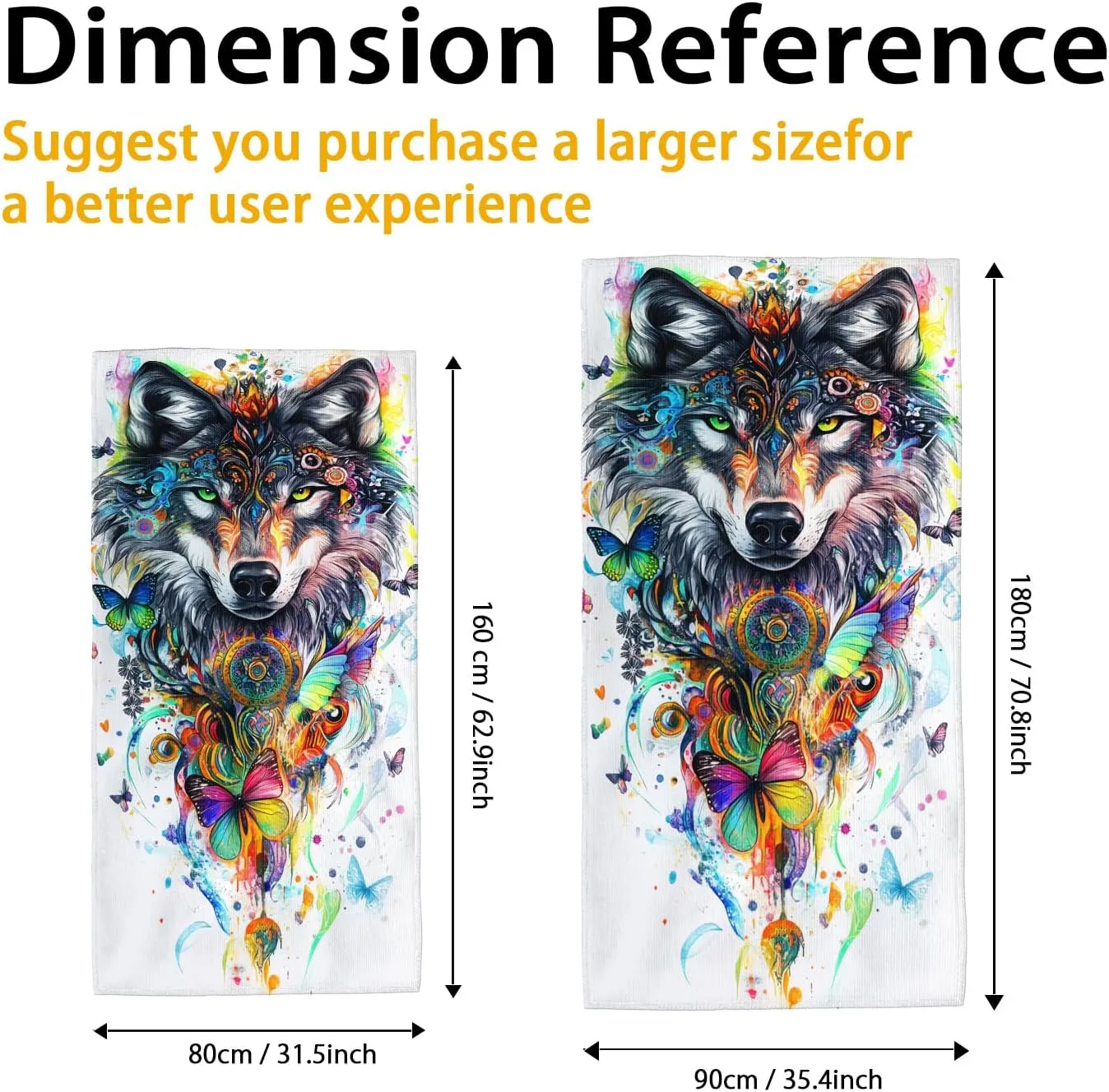 Colorful Wolf Microfiber Beach Towel Extra Large Art Print Bath Towel, Quick Dry Absorbent Sand Free Lightweight Beach Blanket, Vacation Pool Picnic Essentials 62x31 Inch