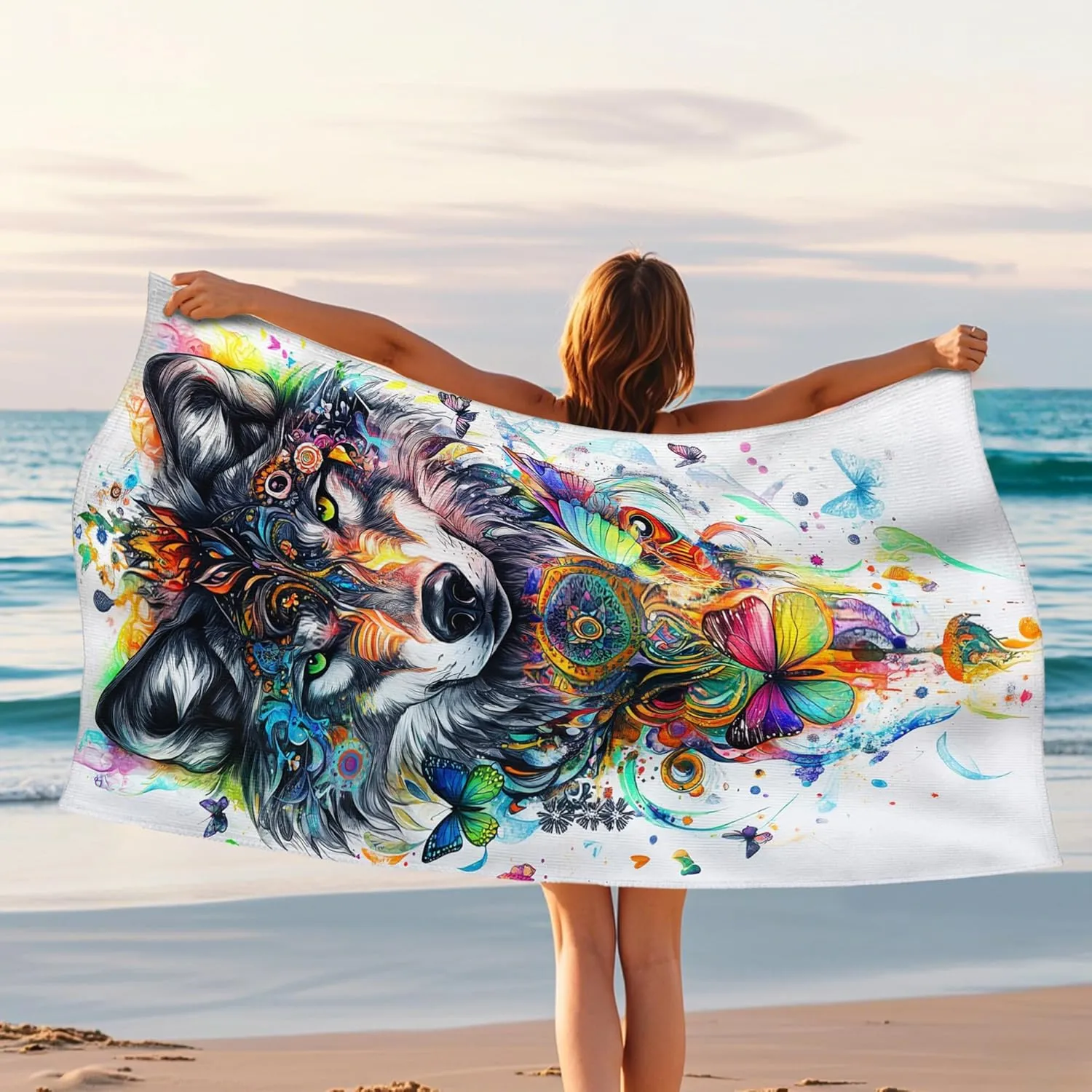 Colorful Wolf Microfiber Beach Towel Extra Large Art Print Bath Towel, Quick Dry Absorbent Sand Free Lightweight Beach Blanket, Vacation Pool Picnic Essentials 62x31 Inch