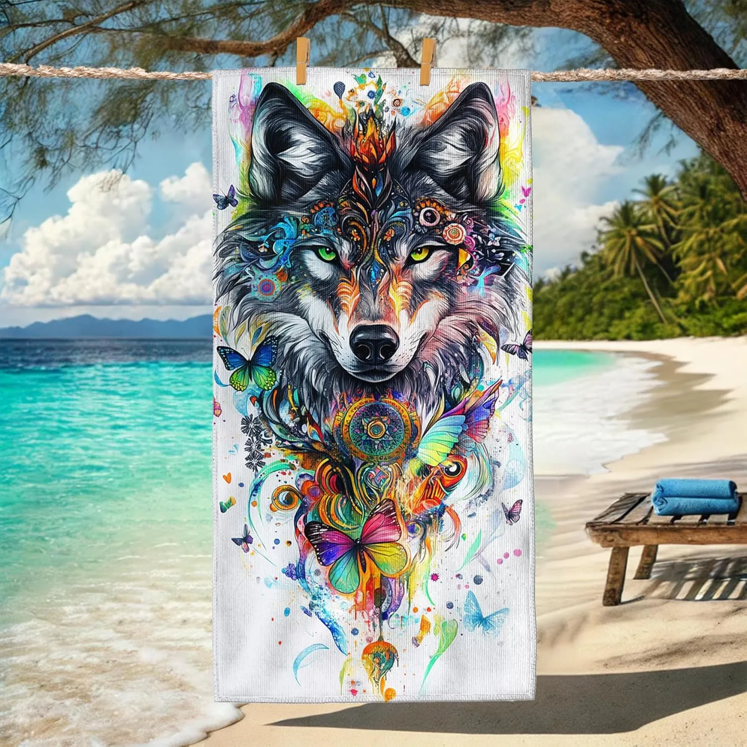 Colorful Wolf Microfiber Beach Towel Extra Large Art Print Bath Towel, Quick Dry Absorbent Sand Free Lightweight Beach Blanket, Vacation Pool Picnic Essentials 62x31 Inch