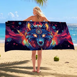 Colorful Wolf Microfiber Beach Towel Vibrant Blue Animal Art Quick Dry Absorbent Sand Free Soft Lightweight Beach Blanket, Summer Vacation Pool Picnic Essentials 62x31 Inch