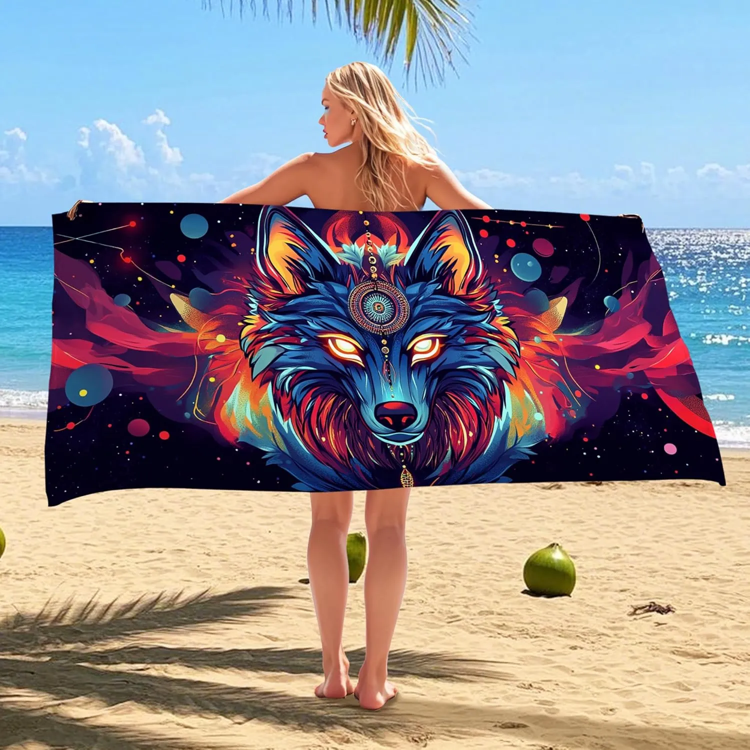Colorful Wolf Microfiber Beach Towel Vibrant Blue Animal Art Quick Dry Absorbent Sand Free Soft Lightweight Beach Blanket, Summer Vacation Pool Picnic Essentials 62x31 Inch