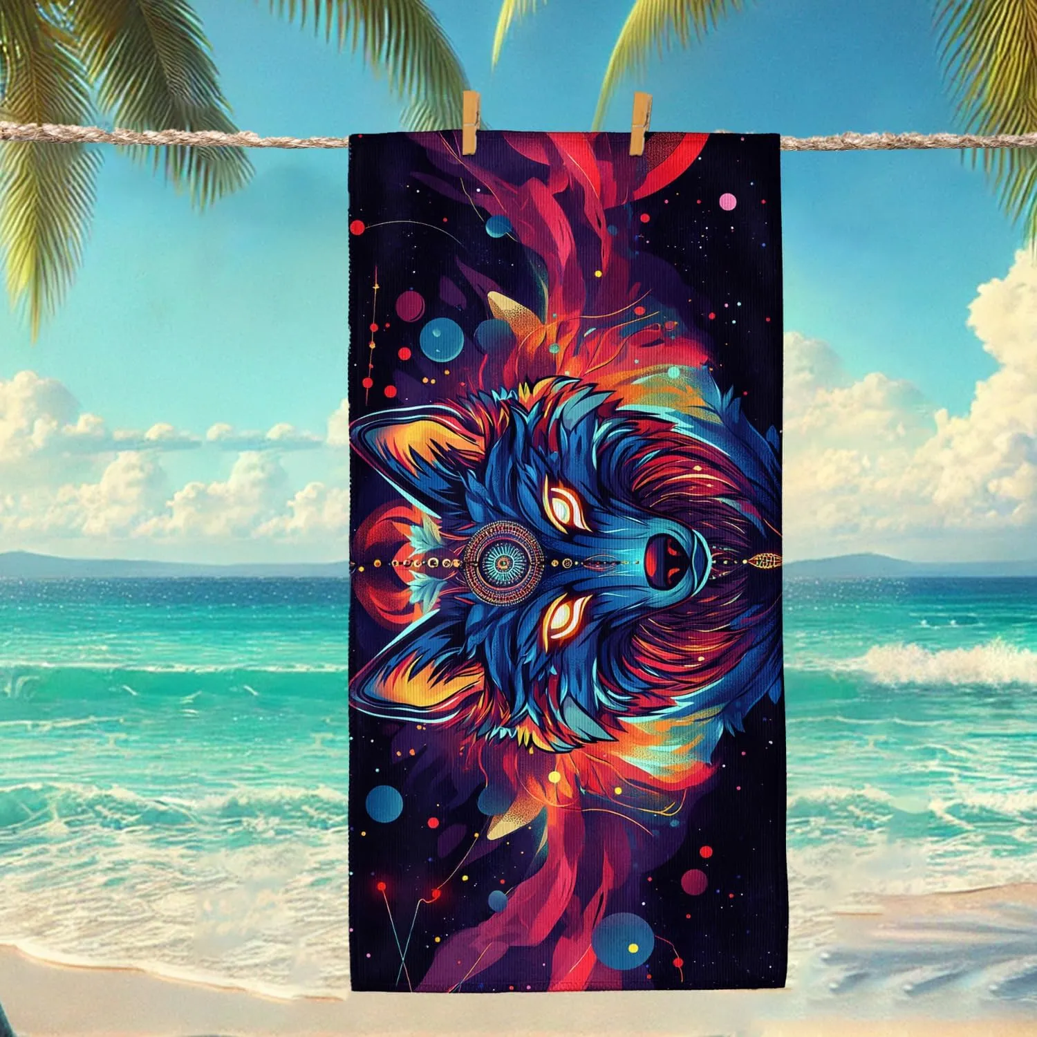 Colorful Wolf Microfiber Beach Towel Vibrant Blue Animal Art Quick Dry Absorbent Sand Free Soft Lightweight Beach Blanket, Summer Vacation Pool Picnic Essentials 62x31 Inch