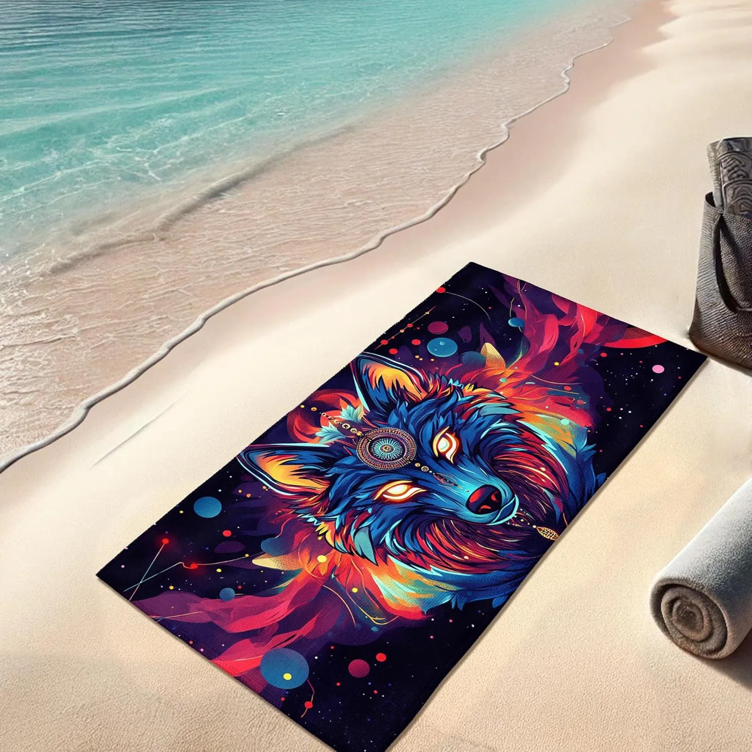 Colorful Wolf Microfiber Beach Towel Vibrant Blue Animal Art Quick Dry Absorbent Sand Free Soft Lightweight Beach Blanket, Summer Vacation Pool Picnic Essentials 62x31 Inch