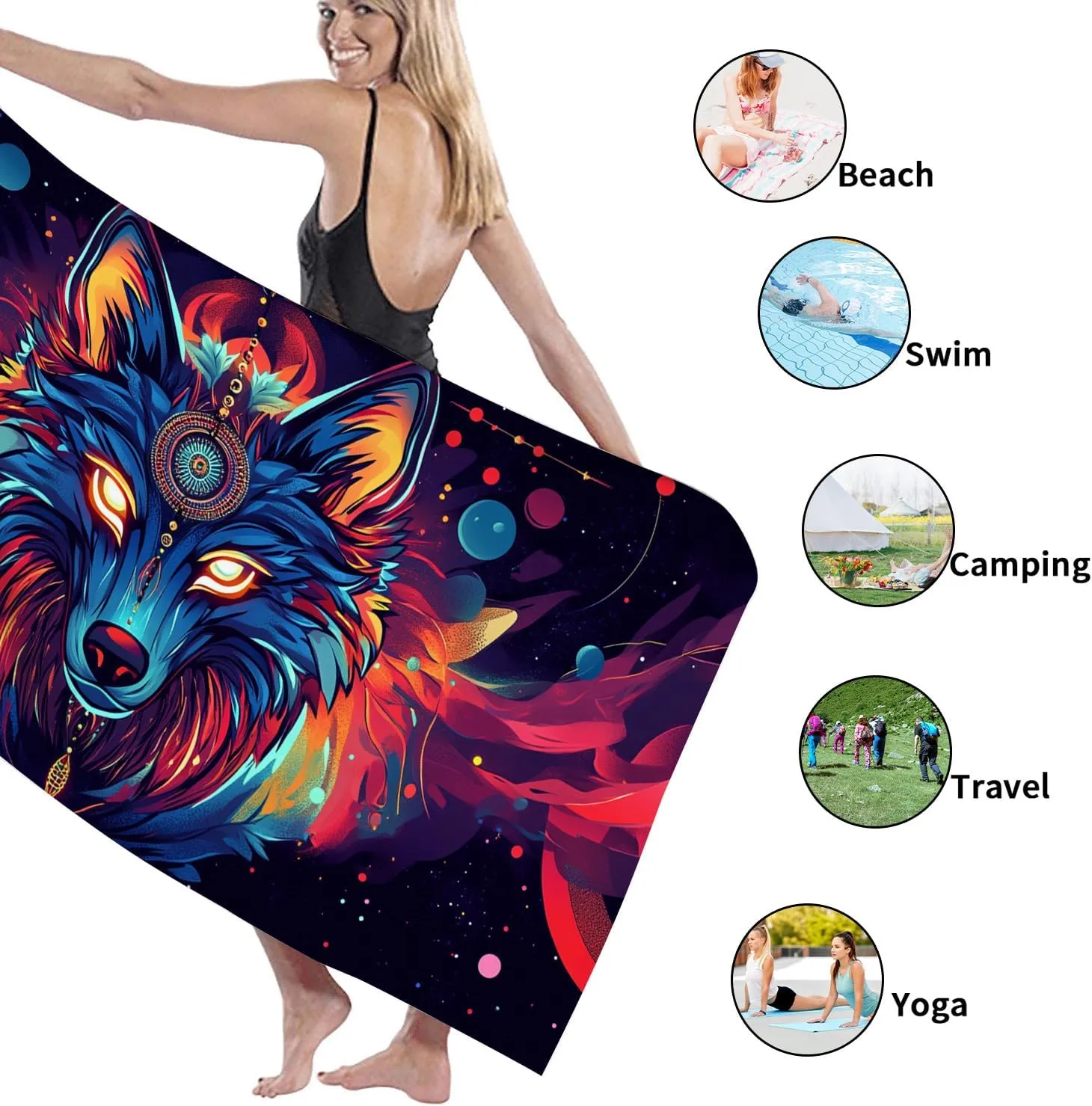Colorful Wolf Microfiber Beach Towel Vibrant Blue Animal Art Quick Dry Absorbent Sand Free Soft Lightweight Beach Blanket, Summer Vacation Pool Picnic Essentials 62x31 Inch