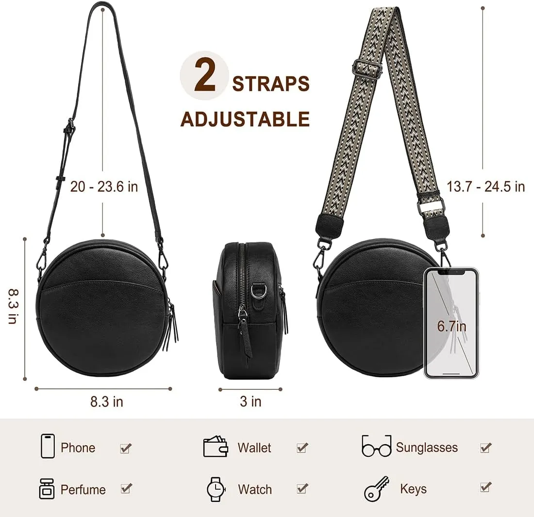 COOLCY Leather Crossbody Bags for Women, Circle Purse Shoulder Bag, Fashion Round Handbag for Travel, 2 Adjustable Strap