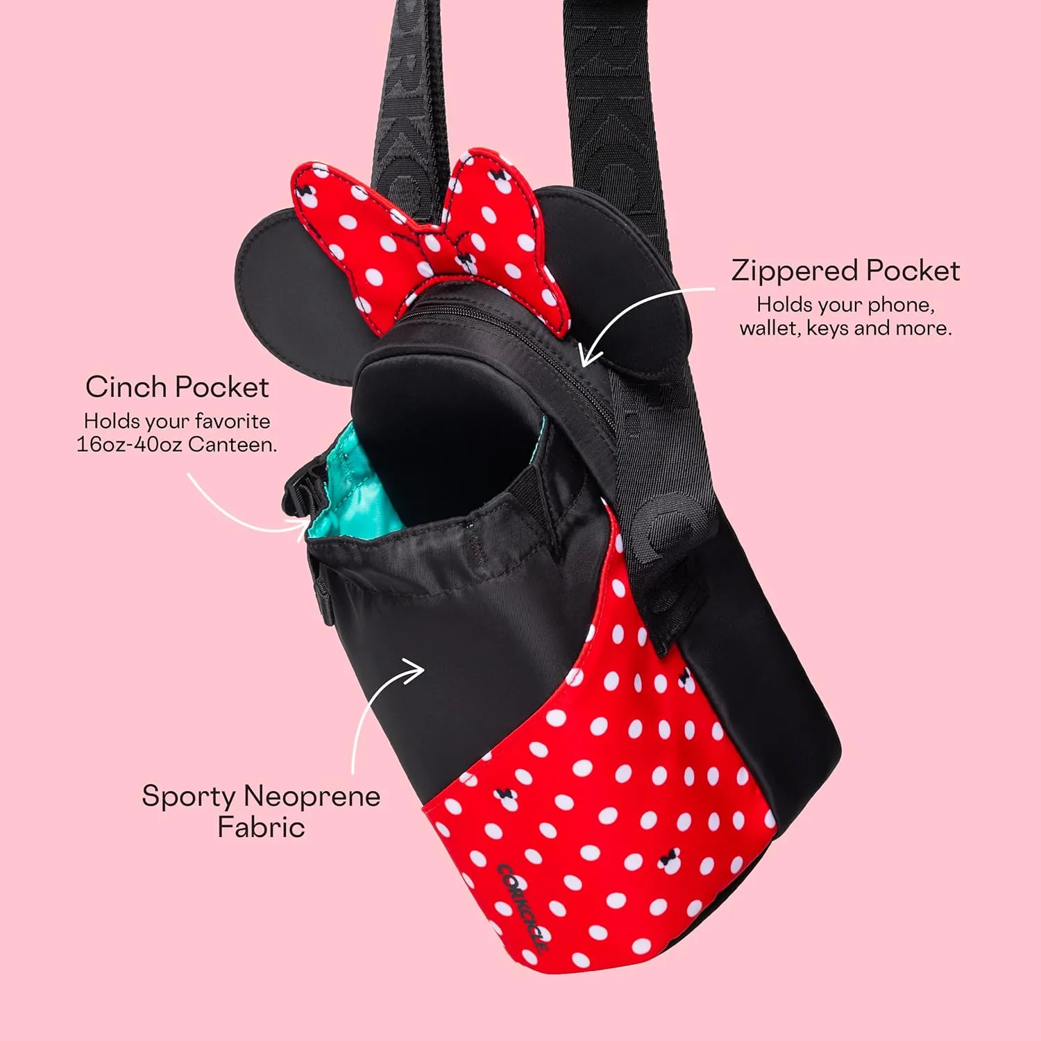 Corkcicle x Disney Minnie Mouse Crossbody Water Bottle Sling Bag, Polka Dot Red, Fits 16-40 oz Tumbler – Secure Items in Water Bottle Holder with Strap