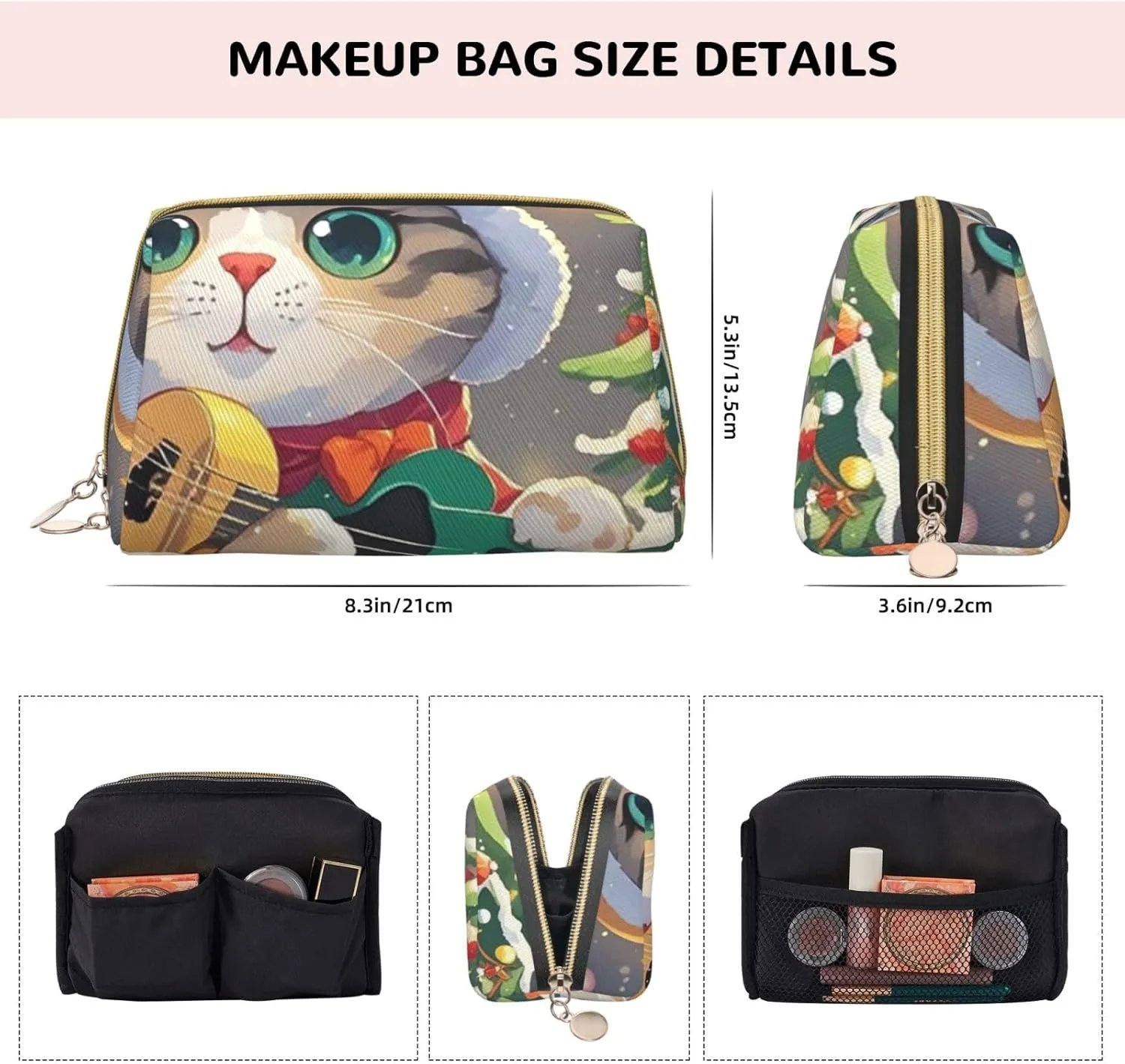 Cosmetic Bag Travel Makeup Bag Waterproof Toiletry Pouch Portable Wide Open Pouch Cute Otter Makeup Organizer Case Large Capacity Zipper Pouch Toiletry Bag for Women, Cute Cat Sing Christmas Carols,