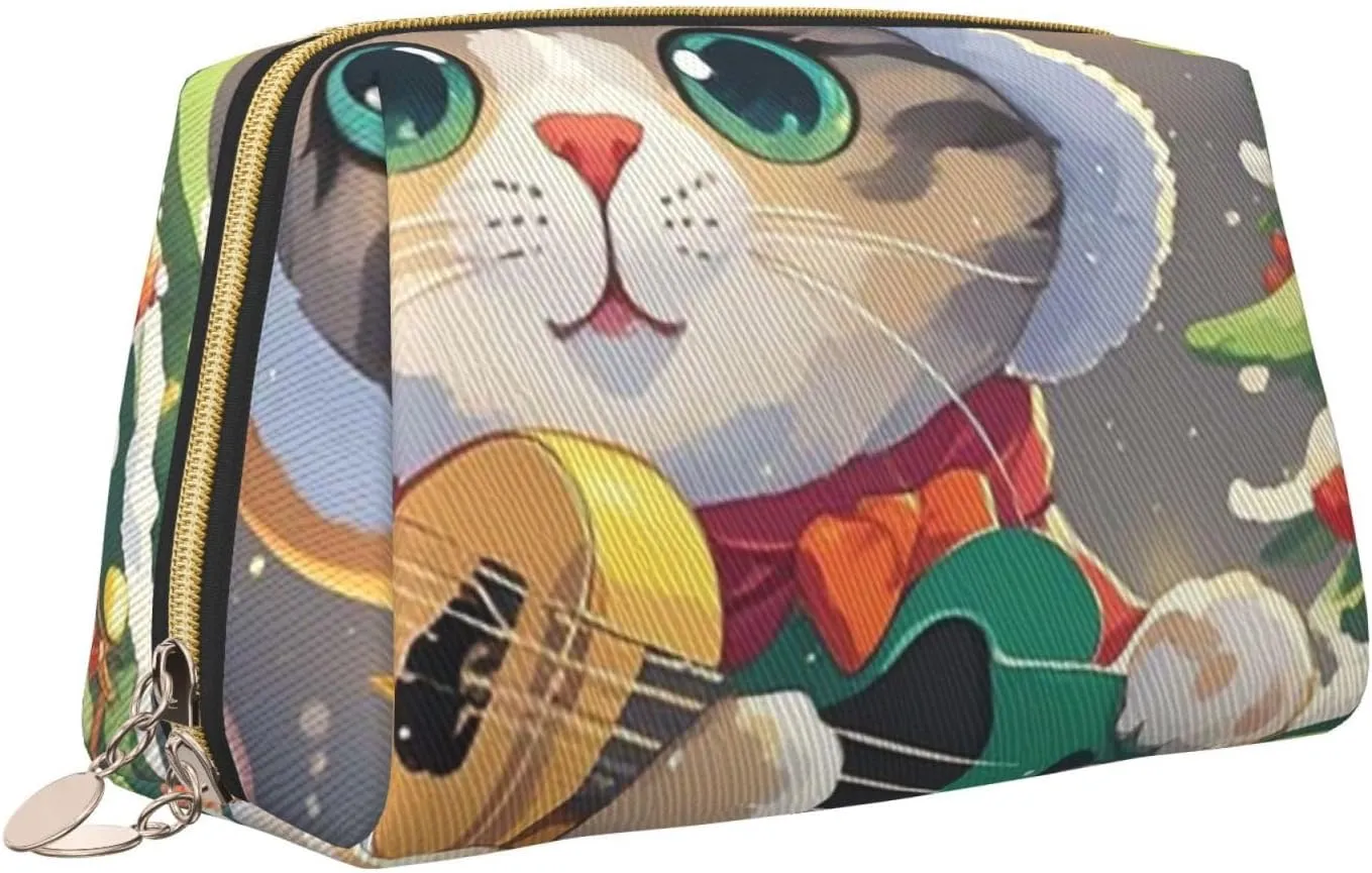 Cosmetic Bag Travel Makeup Bag Waterproof Toiletry Pouch Portable Wide Open Pouch Cute Otter Makeup Organizer Case Large Capacity Zipper Pouch Toiletry Bag for Women, Cute Cat Sing Christmas Carols,