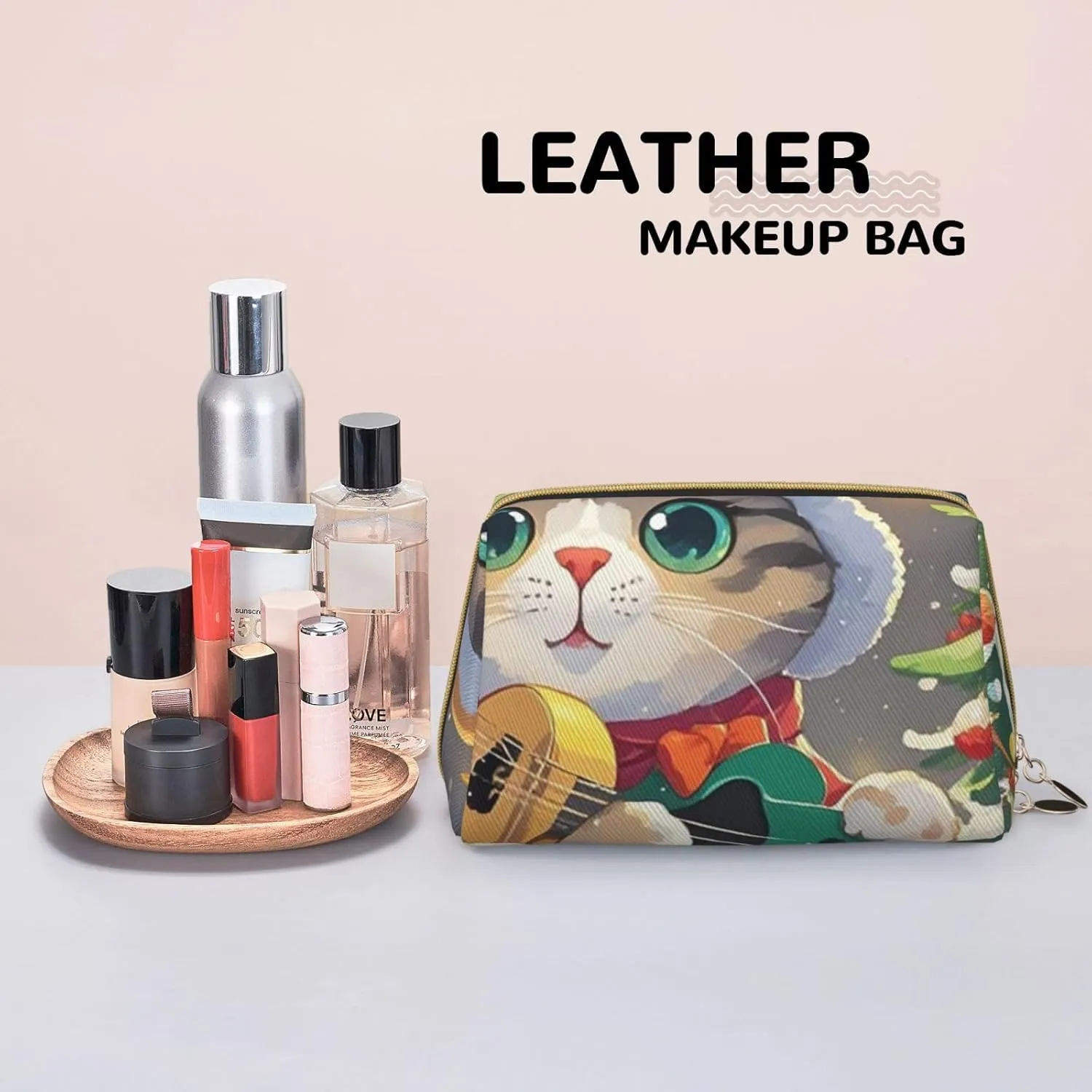 Cosmetic Bag Travel Makeup Bag Waterproof Toiletry Pouch Portable Wide Open Pouch Cute Otter Makeup Organizer Case Large Capacity Zipper Pouch Toiletry Bag for Women, Cute Cat Sing Christmas Carols,