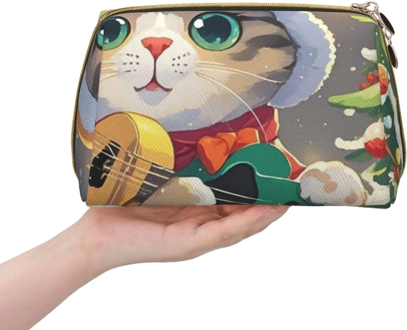 Cosmetic Bag Travel Makeup Bag Waterproof Toiletry Pouch Portable Wide Open Pouch Cute Otter Makeup Organizer Case Large Capacity Zipper Pouch Toiletry Bag for Women, Cute Cat Sing Christmas Carols,