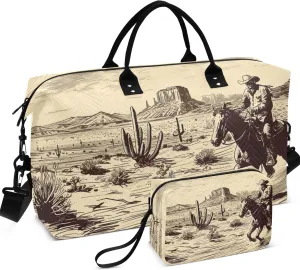 Cowboy Rides Horse Desert Travel Duffel Bags Toiletry Bags Set of 2, Floral Animal Womens Gym Tote Bags Carry on Duffle