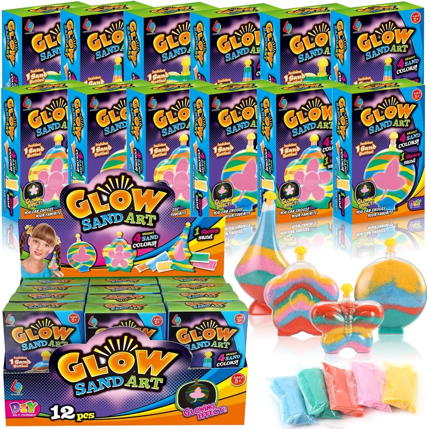 Create Your Own Magic Sand Art Glitter Activity | Glow in the Dark Colored Custom Sand Kits for Kids - Includes 12 Bottles, Funnels, Sticks, 60 Bags of Colorful Sand | DIY Arts and Crafts (12 Pack)