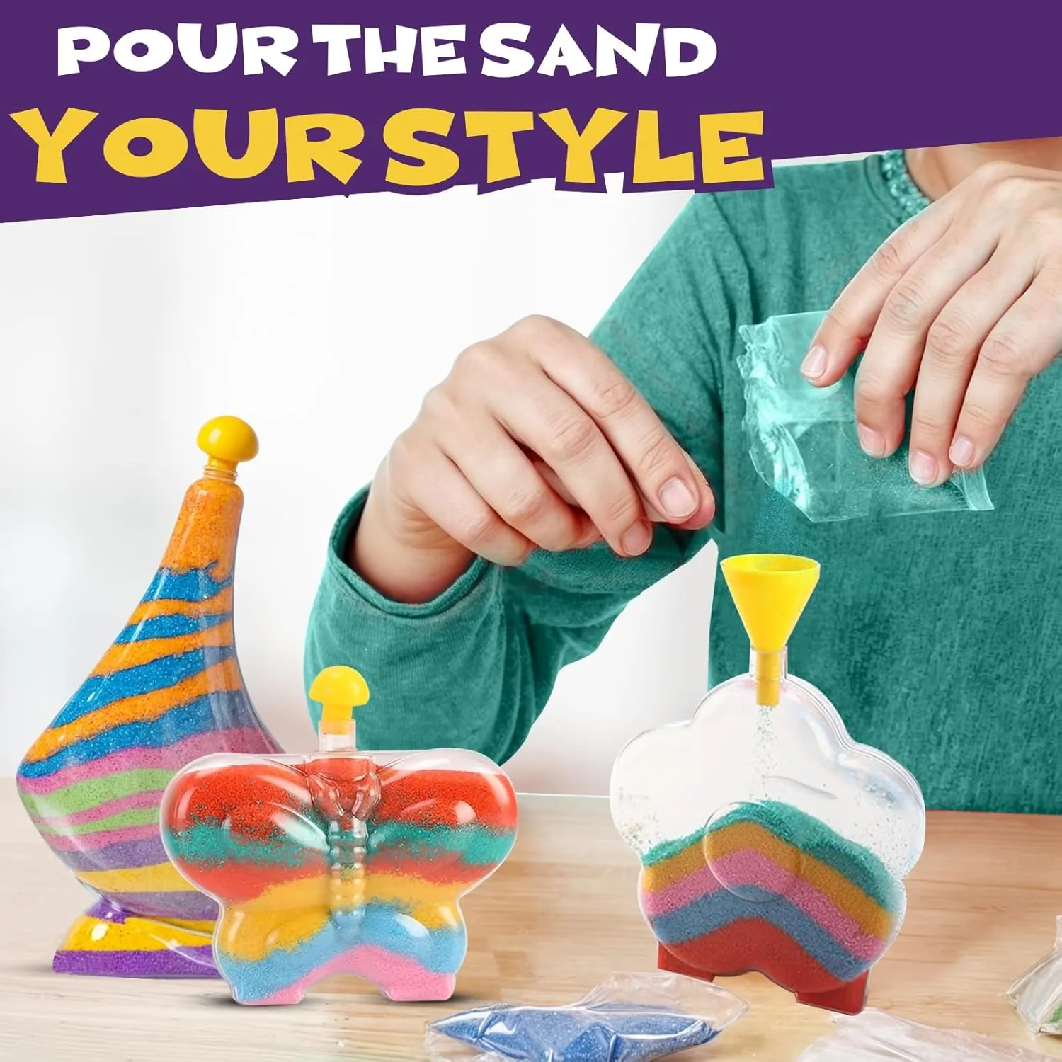Create Your Own Magic Sand Art Glitter Activity | Glow in the Dark Colored Custom Sand Kits for Kids - Includes 12 Bottles, Funnels, Sticks, 60 Bags of Colorful Sand | DIY Arts and Crafts (12 Pack)