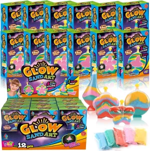Create Your Own Magic Sand Art Glitter Activity | Glow in the Dark Colored Custom Sand Kits for Kids - Includes 12 Bottles, Funnels, Sticks, 60 Bags of Colorful Sand | DIY Arts and Crafts (12 Pack)