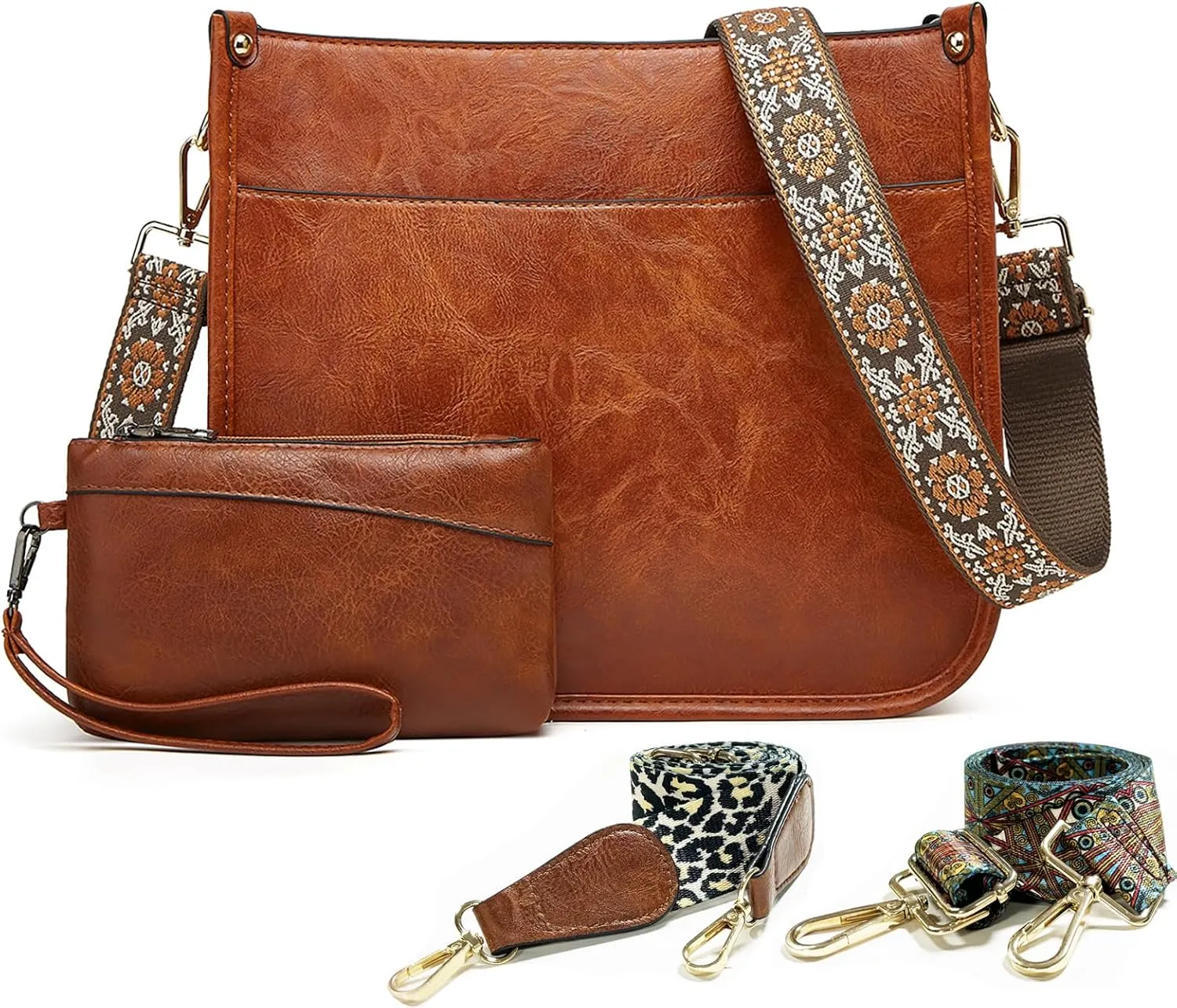 Crossbody Bag Vegan Leather 2Pcs Hobo Handbag Trendy Crossbody Shoulder Bag Purses For Women with 3 Adjustable Guitar Strap