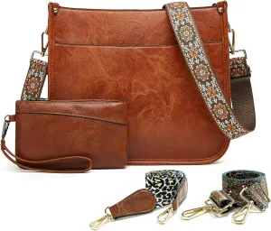 Crossbody Bag Vegan Leather 2Pcs Hobo Handbag Trendy Crossbody Shoulder Bag Purses For Women with 3 Adjustable Guitar Strap