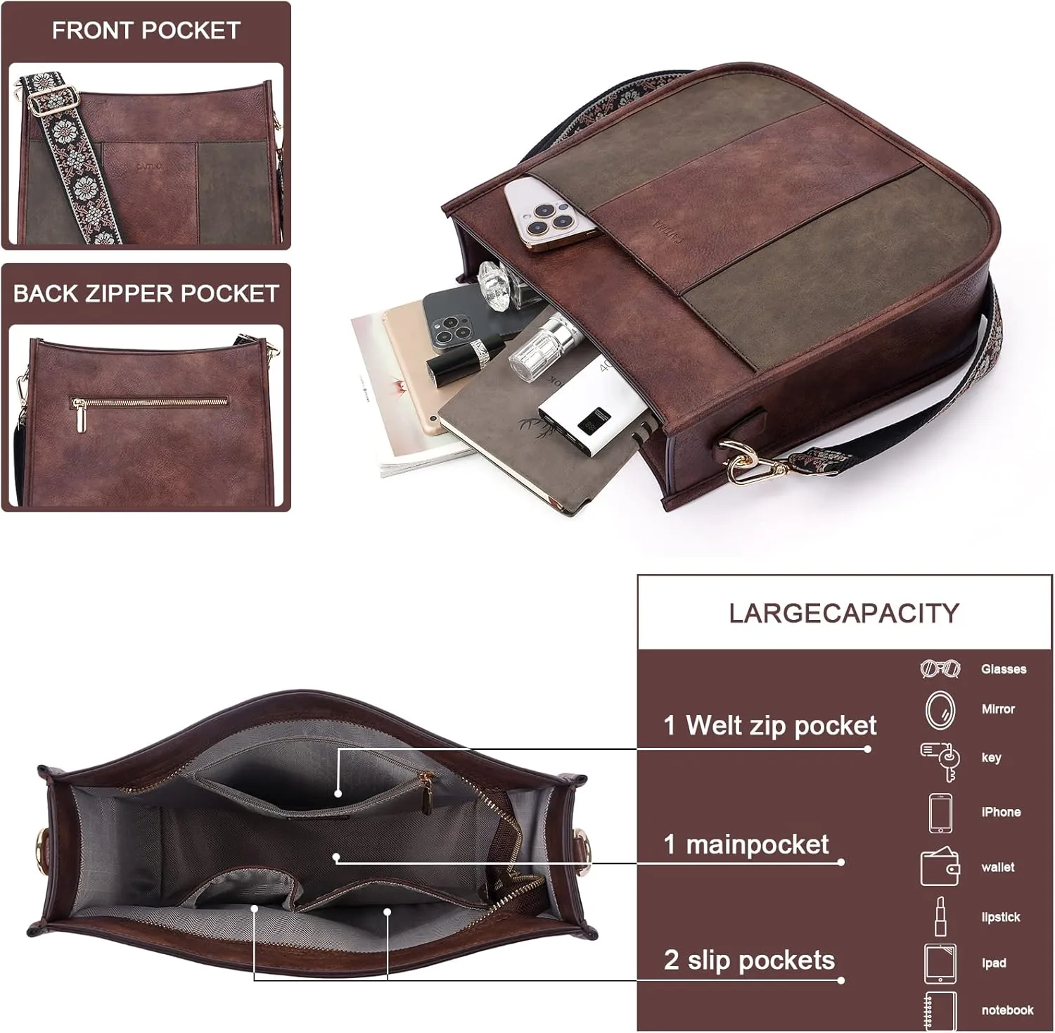 Crossbody Bag Women Vegan Leather Hobo Handbag Trendy Crossbody Shoulder Bag Purses For Women with 2 Adjustable Strap