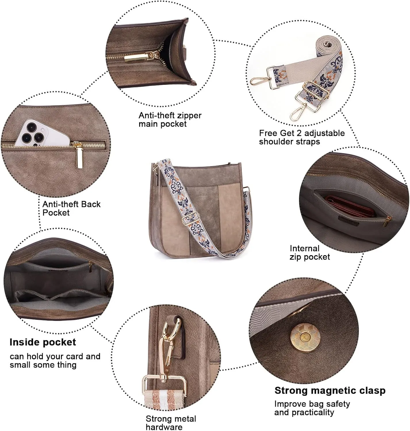 Crossbody Bag Women Vegan Leather Hobo Handbag Trendy Crossbody Shoulder Bag Purses For Women with 2 Adjustable Strap