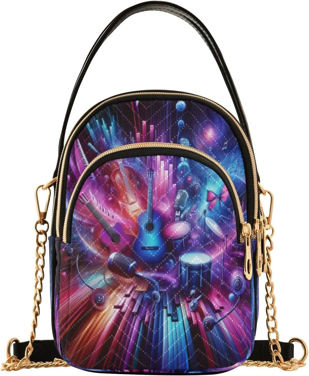 Crossbody Bags for Women Colorful Guitar Drums Quilted Chain Crossbody Purses Trendy Cross Body Phone Purse Handbag