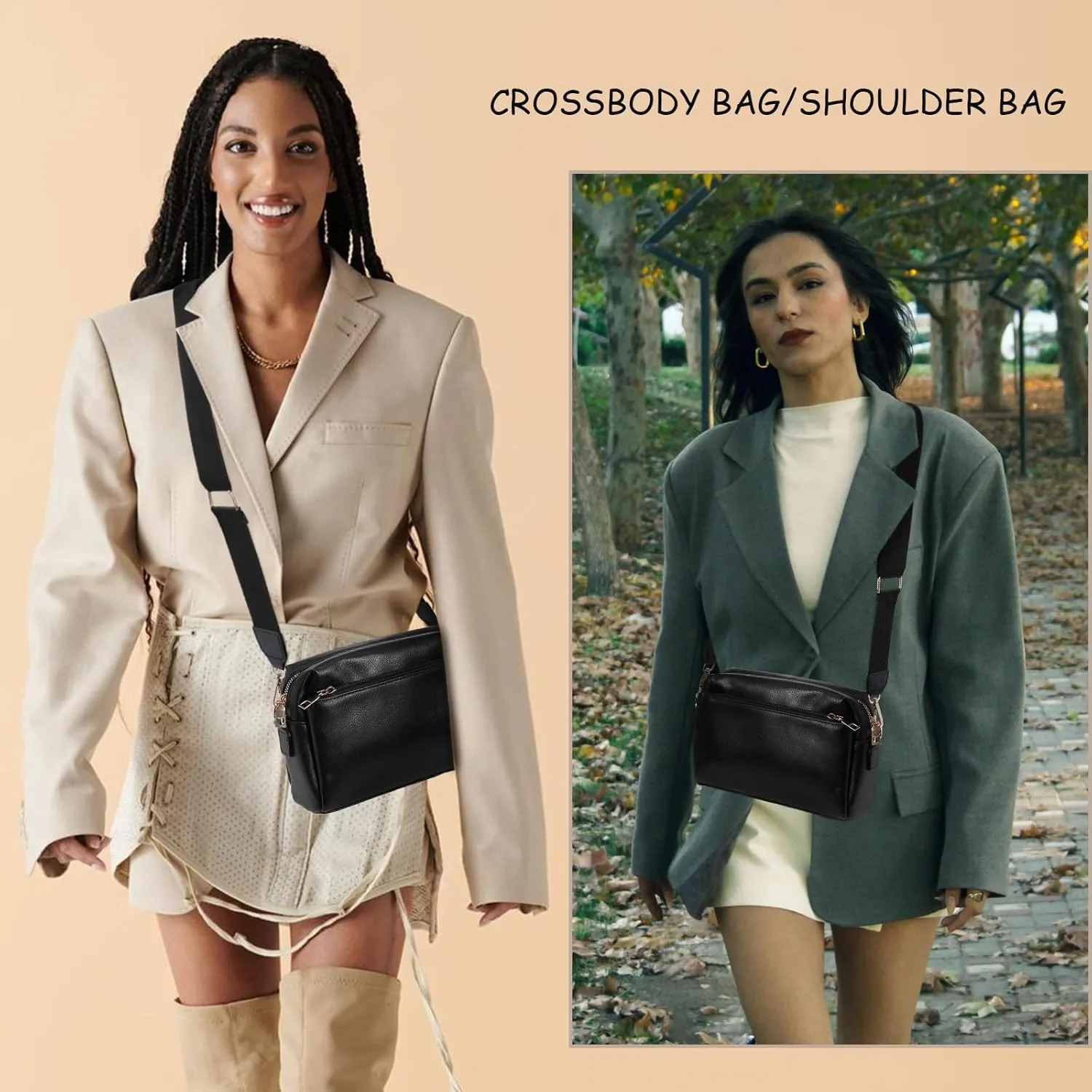 Crossbody Bags for Women Triple Zip Compartment Purses Vegan Leather Shoulder Handbags with Adjustable Shoulder Strap