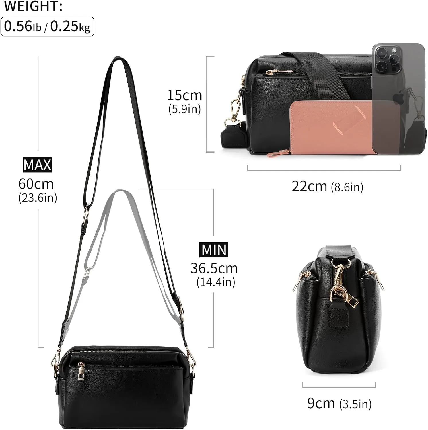 Crossbody Bags for Women Triple Zip Compartment Purses Vegan Leather Shoulder Handbags with Adjustable Shoulder Strap