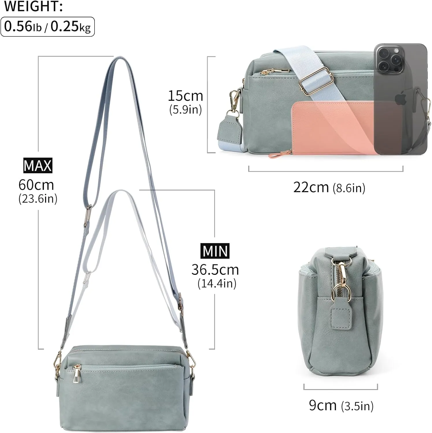 Crossbody Bags for Women Triple Zip Compartment Purses Vegan Leather Shoulder Handbags with Adjustable Shoulder Strap