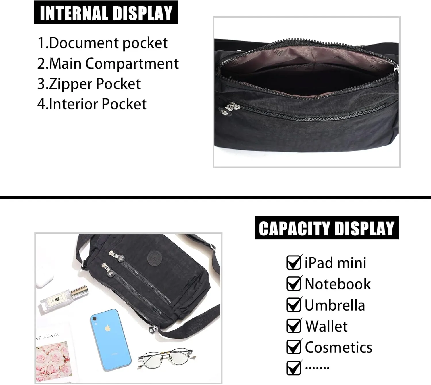 Crossbody Bags for Women Waterproof Tote Bag Casual Nylon Purse Handbag RFID Lightweight Messenger Bag