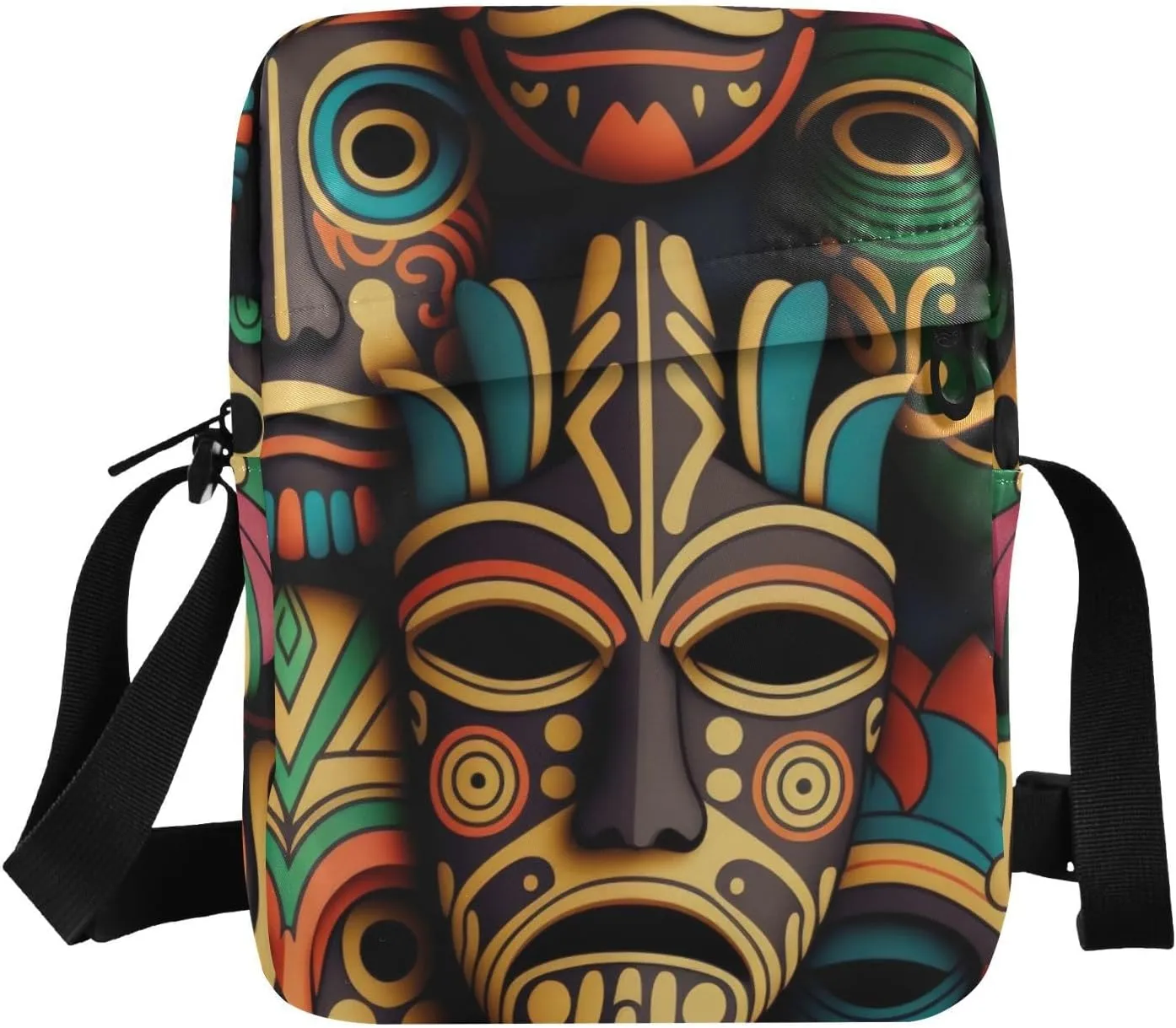 Crossbody Purse for Women Men, Tribal Masks Print Shoulder Pouch Bag with Adjustable Strap 6.6×2.5×9.4 IN