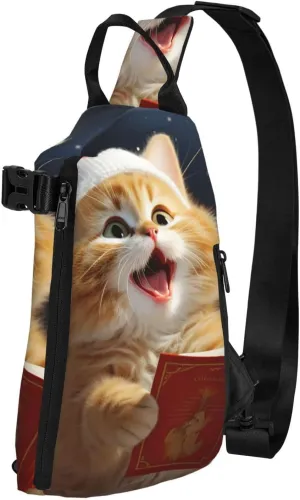 Crossbody Sling Backpack Cute Cat Sing Christmas Carols Sling Bag for Women Men Chest Bag Fashion Waist Bag Adjustable Fanny Pack