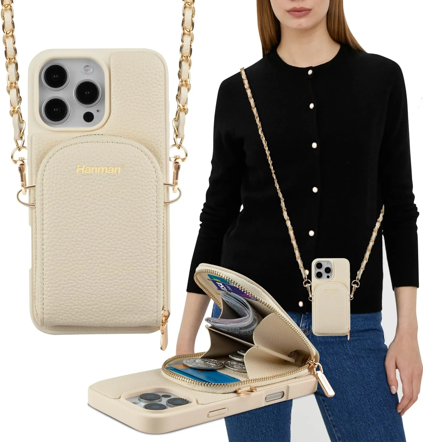 Crossbody Wallet Case for iPhone 16 Pro,RFID Blocking PU Leather Zipper Handbag Purse Cover Suitable for iPhone 16 Pro,Leather Wallet Case for Woman & Girls-Beige