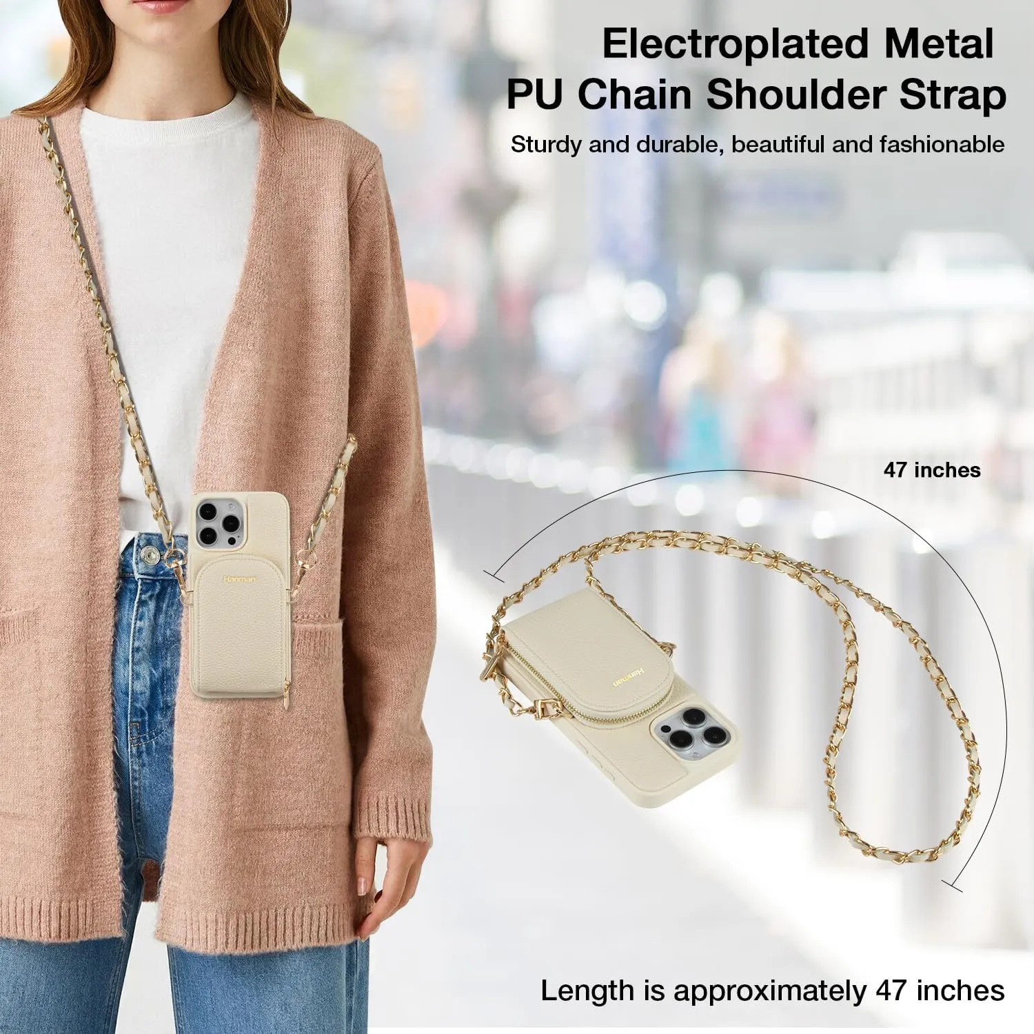 Crossbody Wallet Case for iPhone 16 Pro,RFID Blocking PU Leather Zipper Handbag Purse Cover Suitable for iPhone 16 Pro,Leather Wallet Case for Woman & Girls-Beige