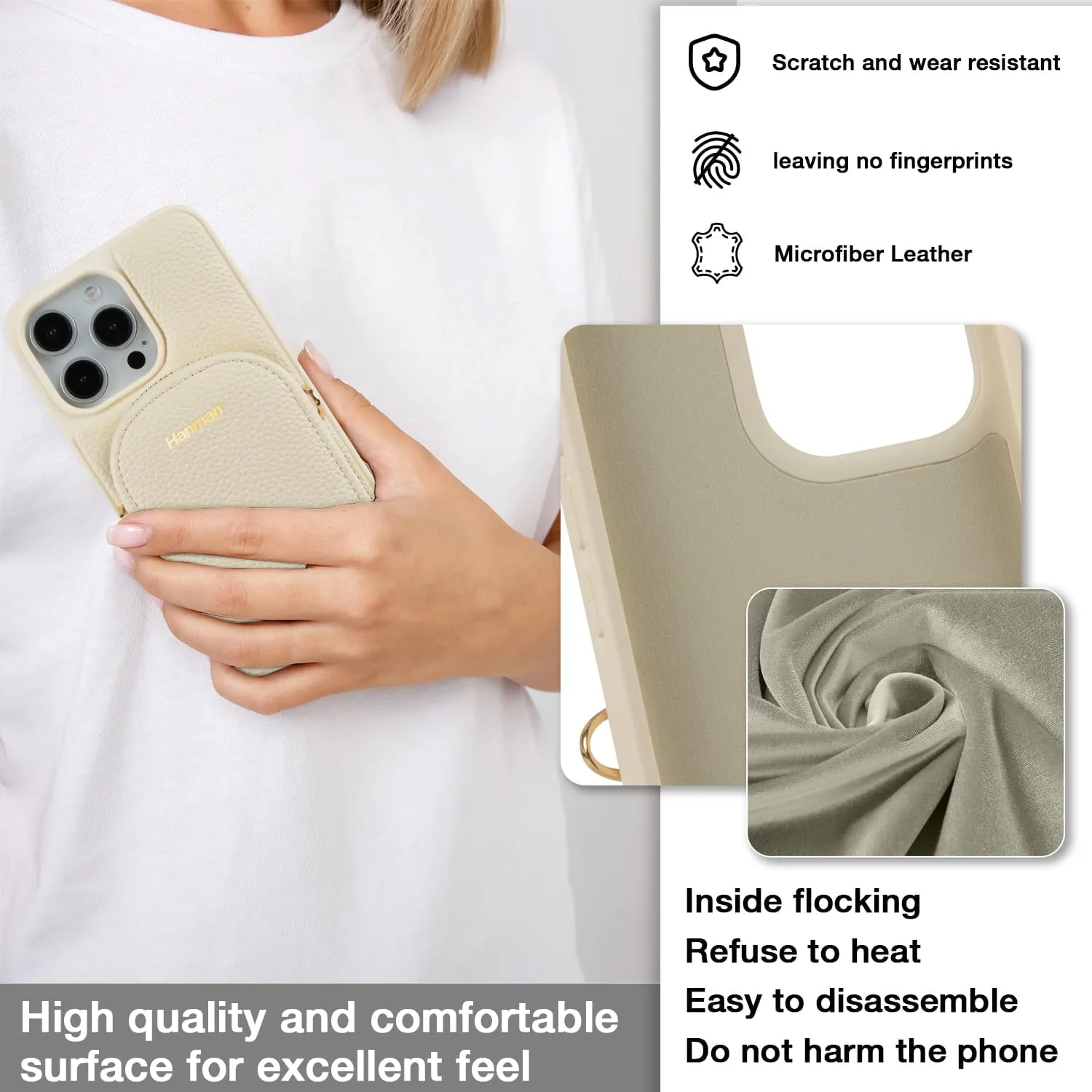 Crossbody Wallet Case for iPhone 16 Pro,RFID Blocking PU Leather Zipper Handbag Purse Cover Suitable for iPhone 16 Pro,Leather Wallet Case for Woman & Girls-Beige