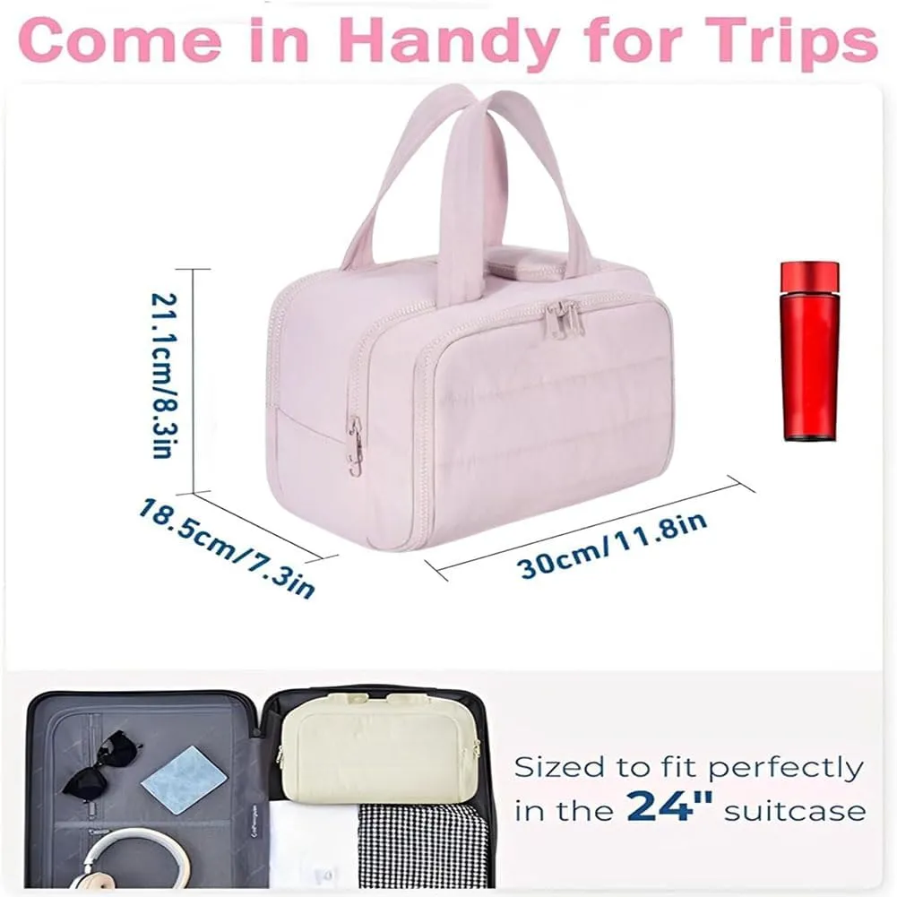 Cureaway Travel Cosmetic Bag, Curetoaway Large Capacity Wide-Open Travel Cosmetic Bag, 4-in-1Travel Makeup Bags For Women With 4 Compartments And Handle, Waterproof Organizer (Beige Purple)