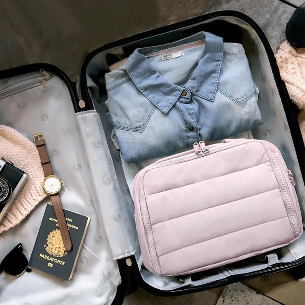 Cureaway Travel Cosmetic Bag, Curetoaway Large Capacity Wide-Open Travel Cosmetic Bag, 4-in-1Travel Makeup Bags For Women With 4 Compartments And Handle, Waterproof Organizer (Beige Purple)