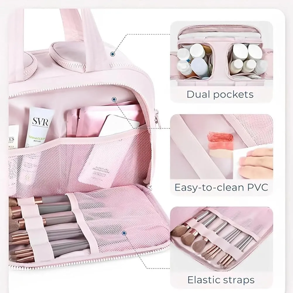 Cureaway Travel Cosmetic Bag, Curetoaway Large Capacity Wide-Open Travel Cosmetic Bag, 4-in-1Travel Makeup Bags For Women With 4 Compartments And Handle, Waterproof Organizer (Beige Purple)
