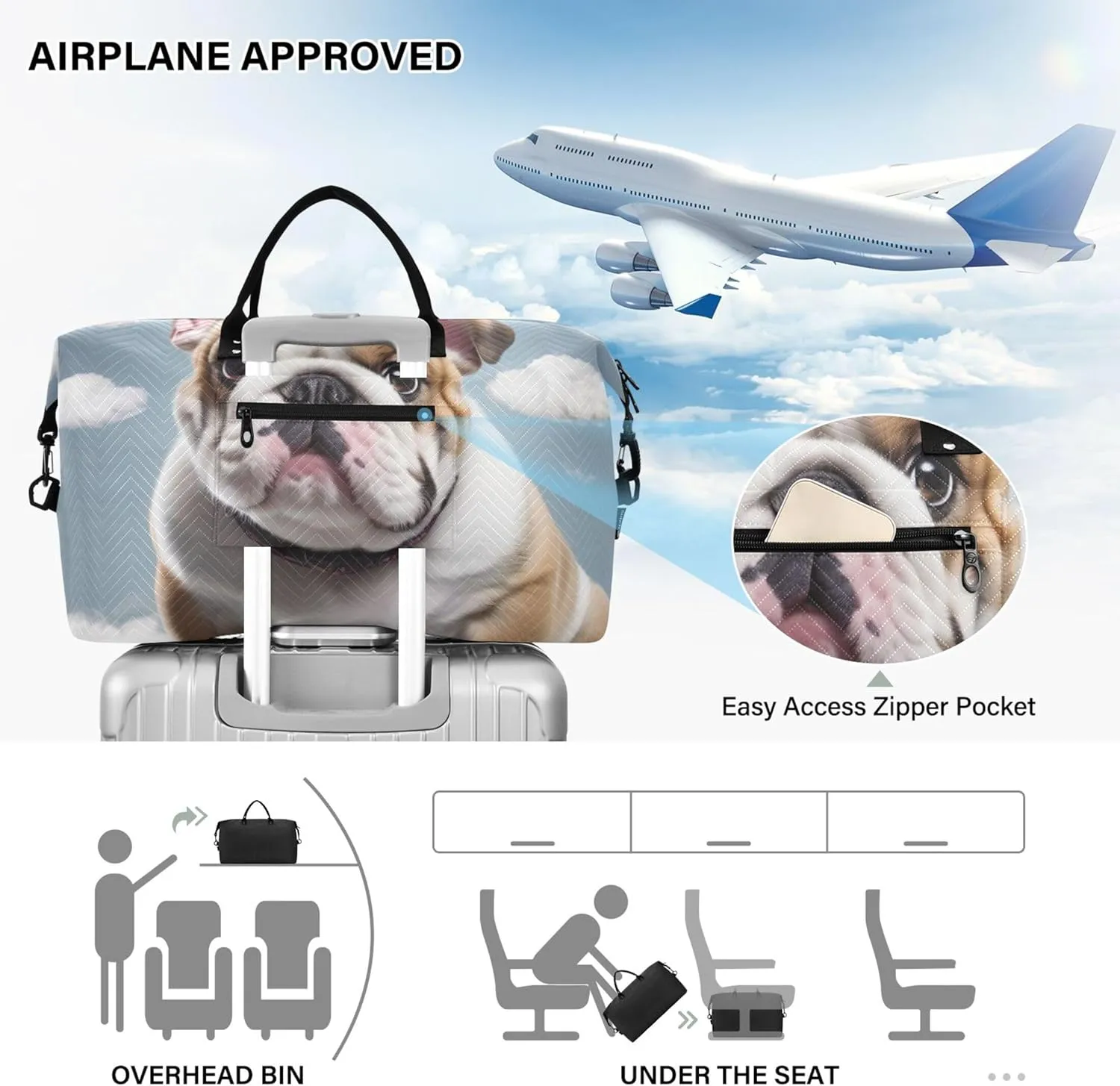 Cute Bulldog Print Duffel Bags Travel Makeup Bag Set of 2, Print Women Luggage Bags Carry on Duffle