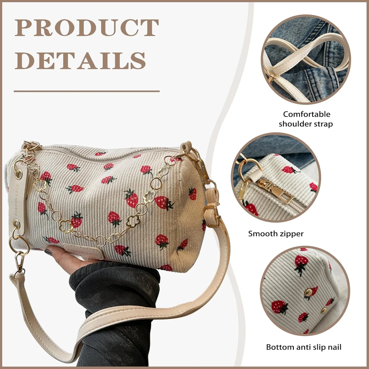 Cute Crossbody Bag For Women Girls Strawberry Purse Corduroy Tote Bag Fashion Chain Shoulder Handbag Canvas Bags