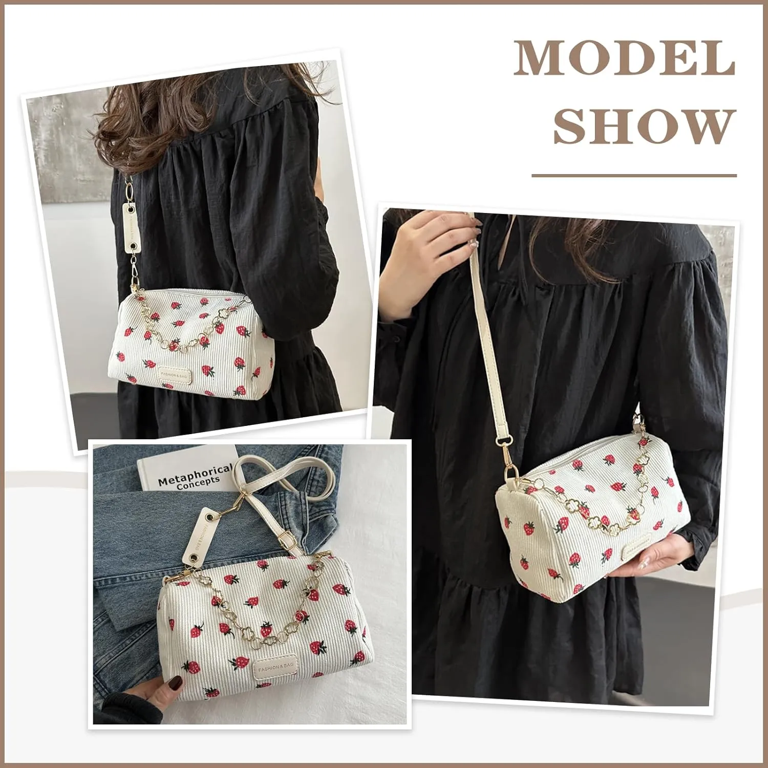 Cute Crossbody Bag For Women Girls Strawberry Purse Corduroy Tote Bag Fashion Chain Shoulder Handbag Canvas Bags