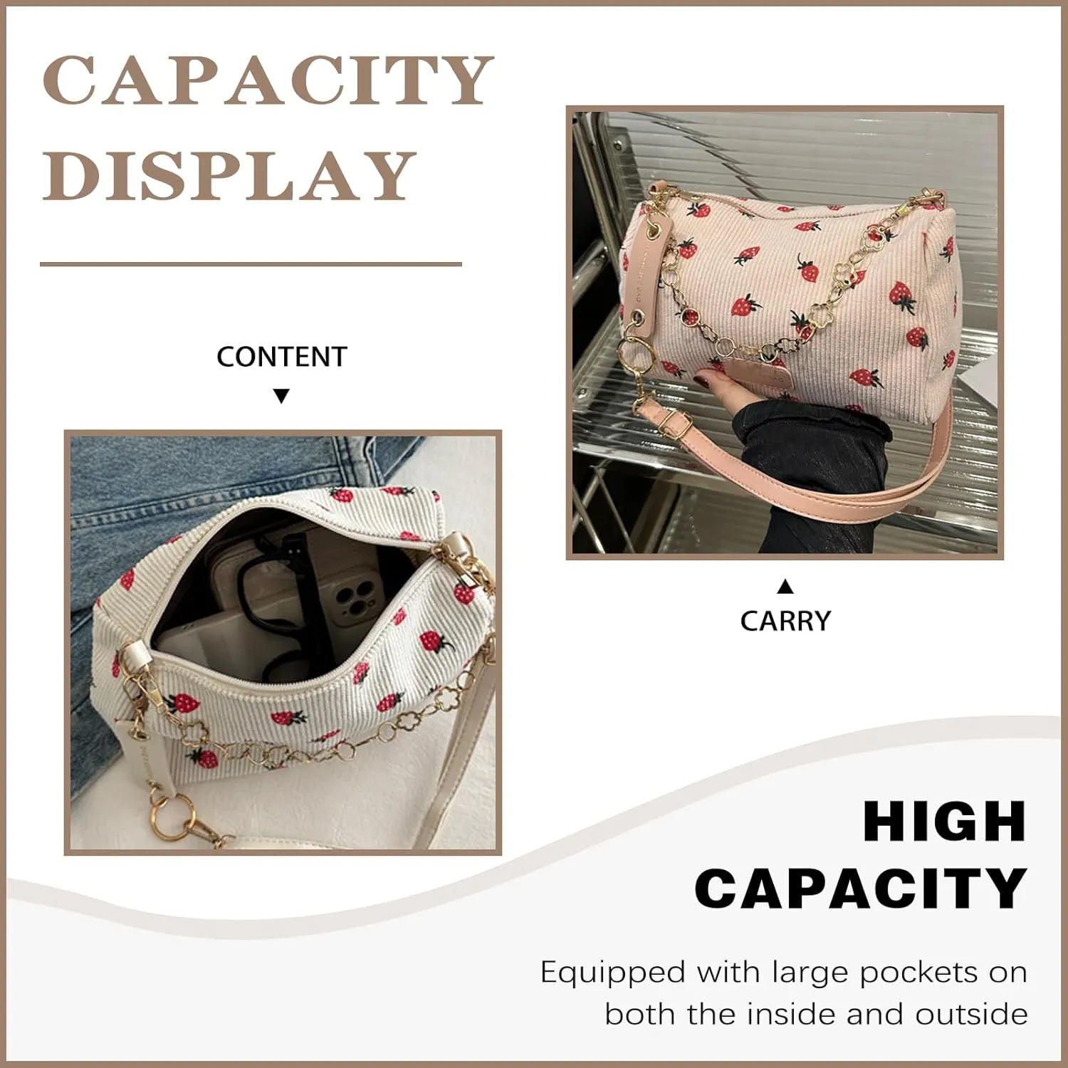 Cute Crossbody Bag For Women Girls Strawberry Purse Corduroy Tote Bag Fashion Chain Shoulder Handbag Canvas Bags