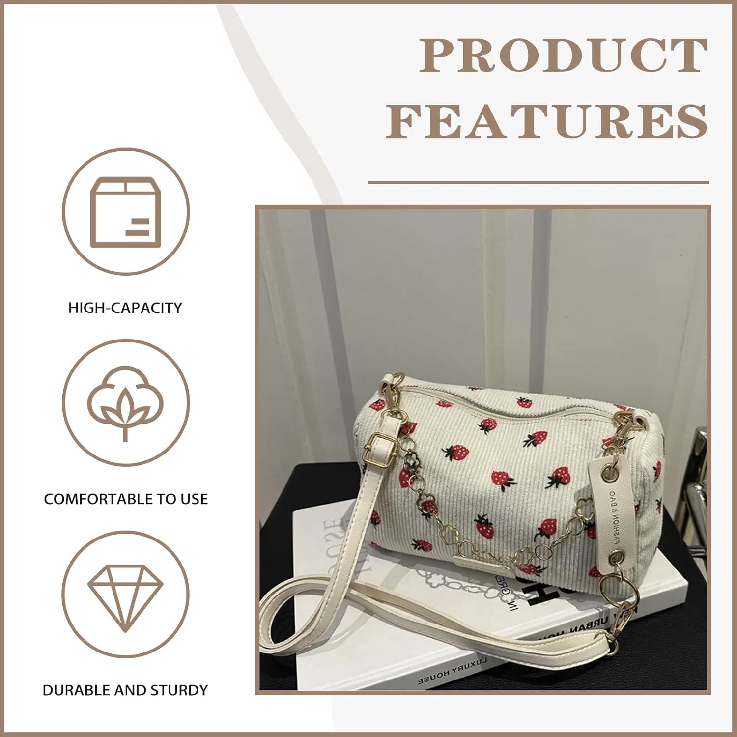Cute Crossbody Bag For Women Girls Strawberry Purse Corduroy Tote Bag Fashion Chain Shoulder Handbag Canvas Bags