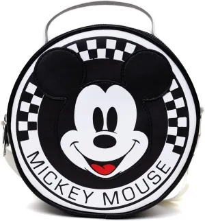 Disney Bag, Crossbody, Round, Mickey Mouse Smiling Face Applique Checker White Black, Vegan Leather