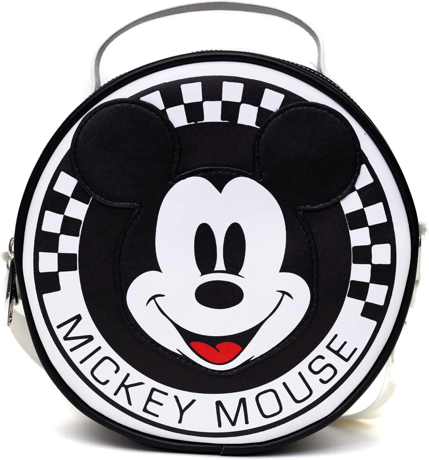 Disney Bag, Crossbody, Round, Mickey Mouse Smiling Face Applique Checker White Black, Vegan Leather