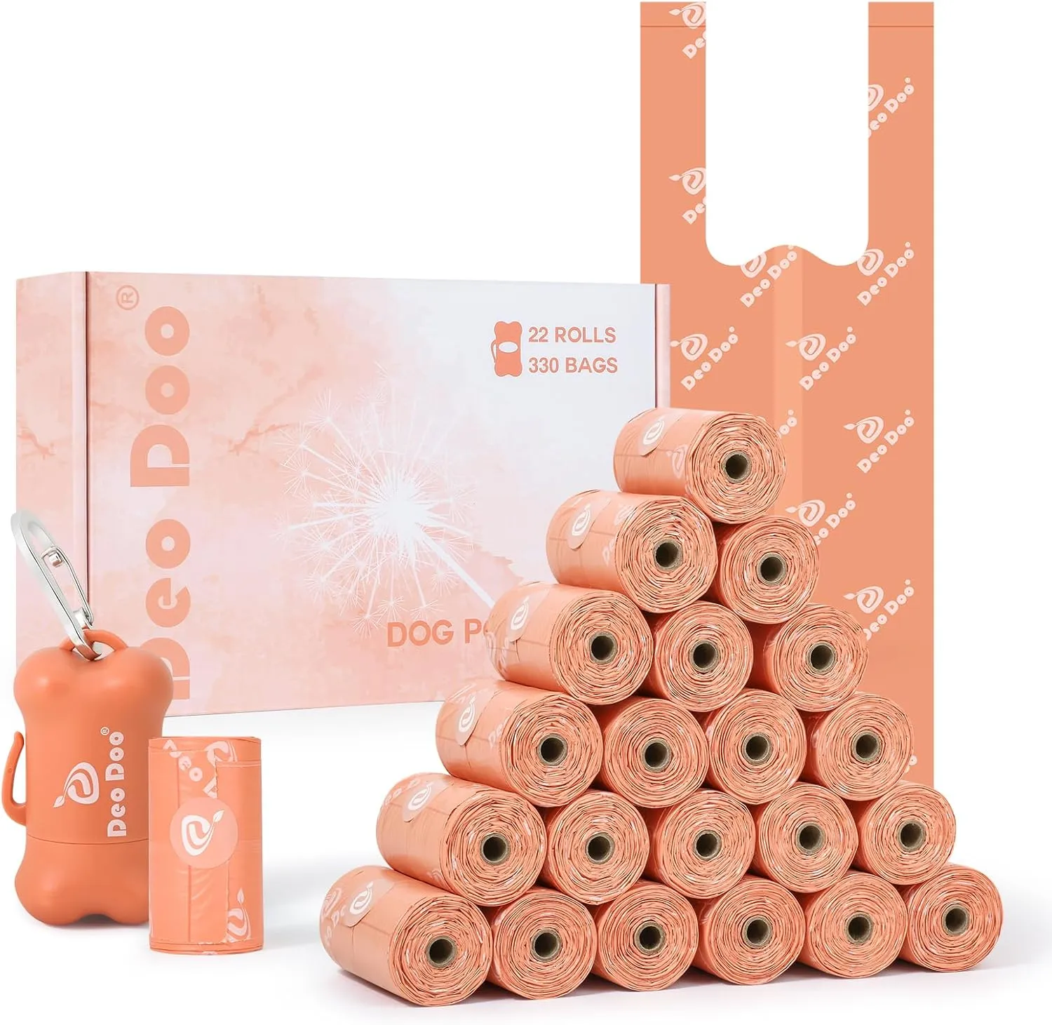 Dog Poop Bags Rolls with Handles and Dispenser 330 Counts Scented for Small Medium Dogs Leak Proof Extra Thick Waste Bags for Walking Doggy Peach